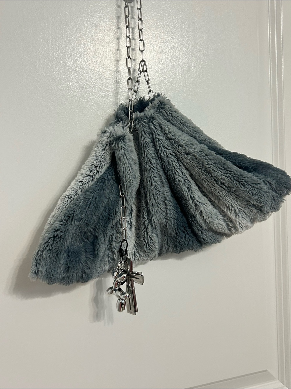 Upcycled Faux Fur Gray Shoulder Bag with Chain Strap